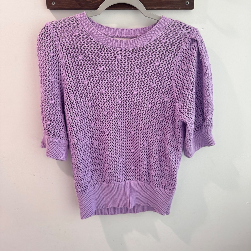 Happy Nature X‎ Kate Hudson Purple Pointelle Bobble Knit Puff Sleeve Sweater Med